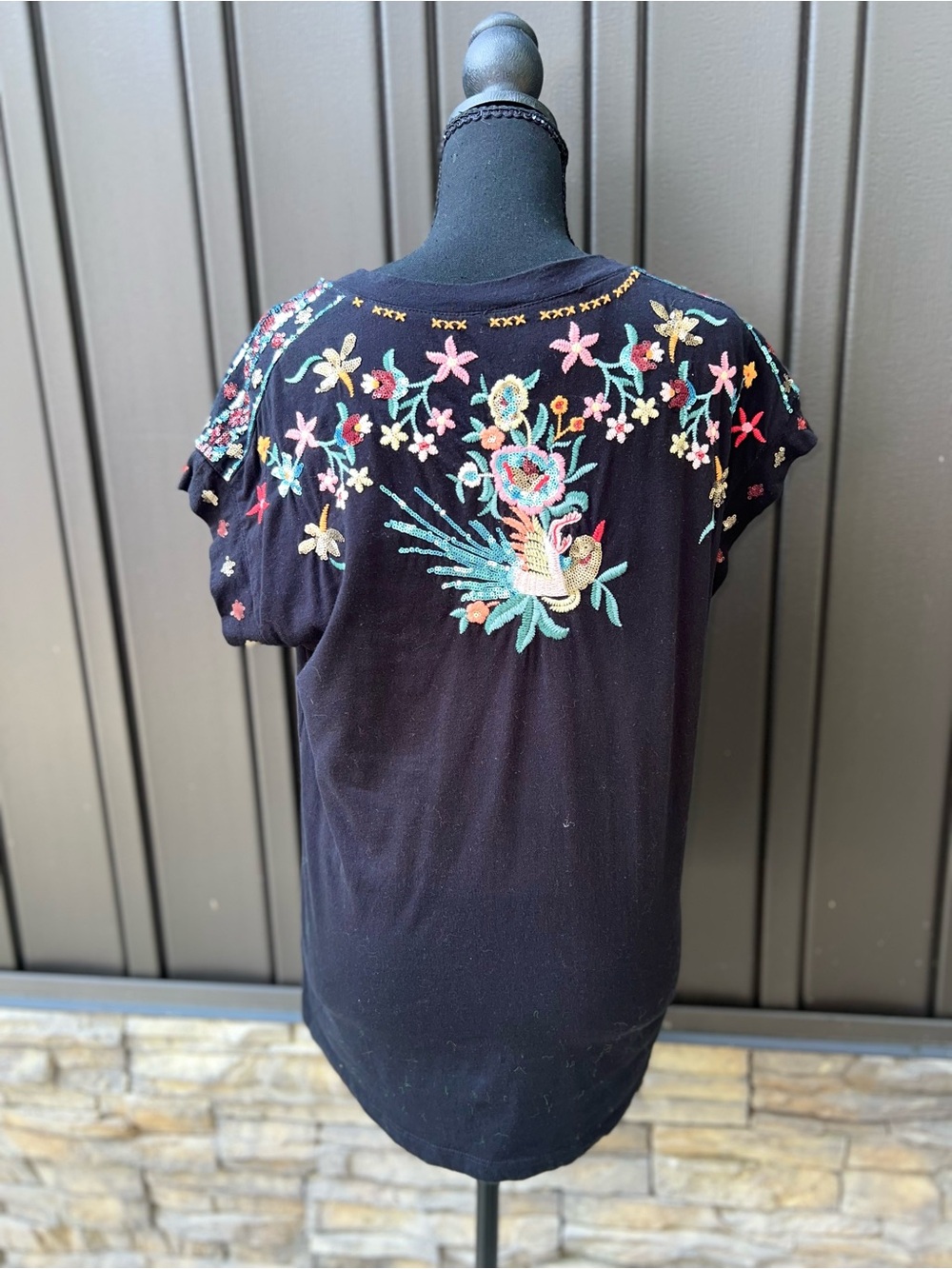 Embroidered Floral & Bird Black Women's Top - Picture 7 of 7